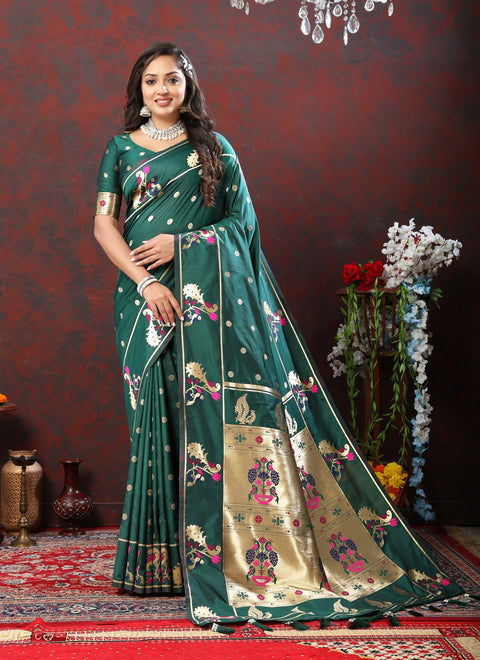 VastraLakshmi Luxuriant Rama Paithani Silk Saree With Opulent Blouse Piece