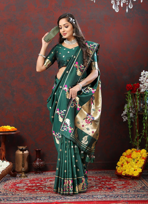 VastraLakshmi Luxuriant Rama Paithani Silk Saree With Opulent Blouse Piece