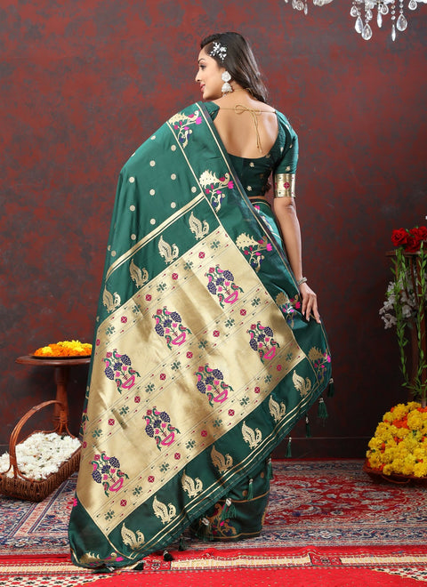 VastraLakshmi Luxuriant Rama Paithani Silk Saree With Opulent Blouse Piece