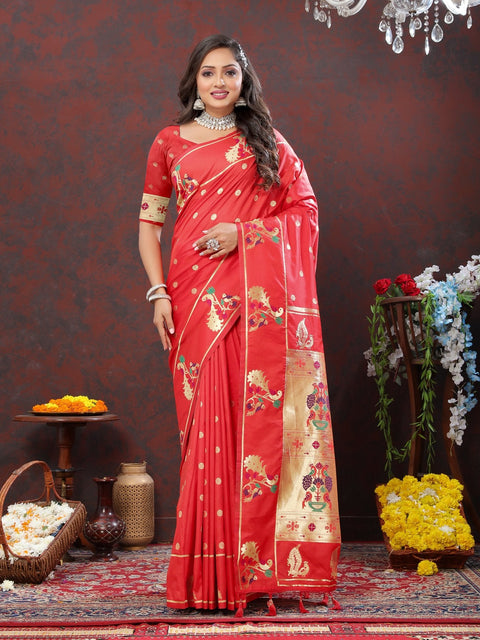 VastraLakshmi Engaging Red Paithani Silk Saree With Enamoring Blouse Piece