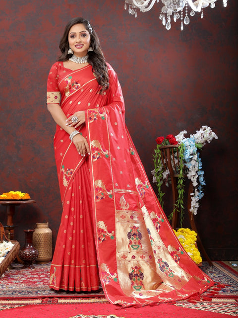 VastraLakshmi Engaging Red Paithani Silk Saree With Enamoring Blouse Piece