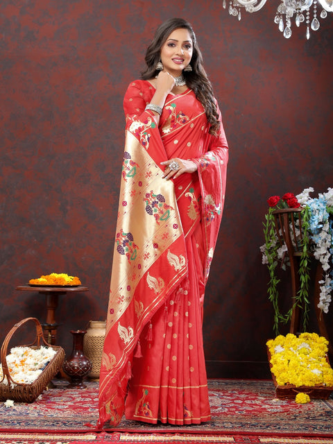 VastraLakshmi Engaging Red Paithani Silk Saree With Enamoring Blouse Piece