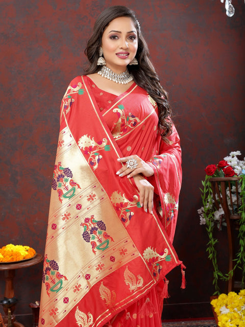 VastraLakshmi Engaging Red Paithani Silk Saree With Enamoring Blouse Piece