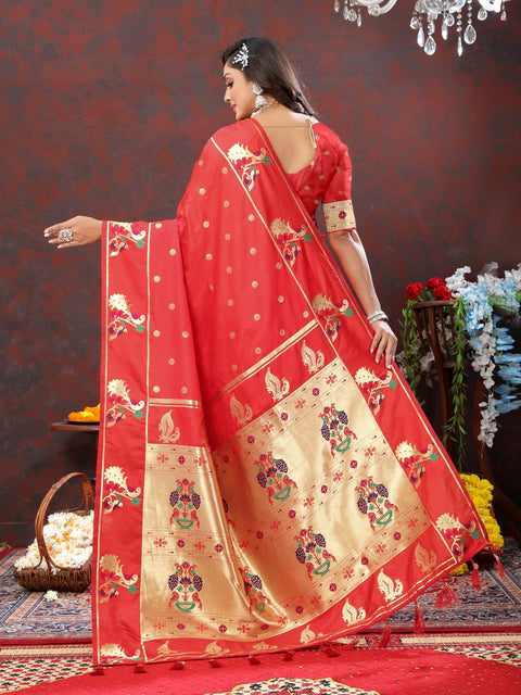 VastraLakshmi Engaging Red Paithani Silk Saree With Enamoring Blouse Piece