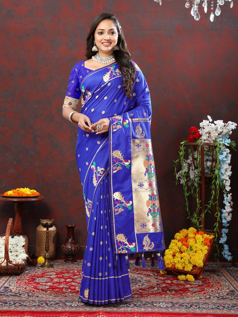 VastraLakshmi Profuse Royal Blue Paithani Silk Saree With Winsome Blouse Piece