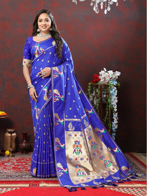 VastraLakshmi Profuse Royal Blue Paithani Silk Saree With Winsome Blouse Piece