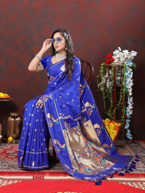 VastraLakshmi Profuse Royal Blue Paithani Silk Saree With Winsome Blouse Piece