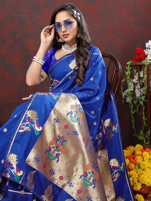 VastraLakshmi Profuse Royal Blue Paithani Silk Saree With Winsome Blouse Piece