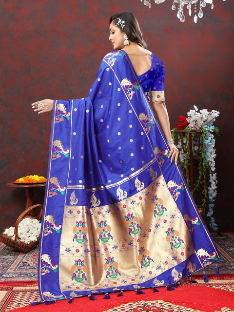 VastraLakshmi Profuse Royal Blue Paithani Silk Saree With Winsome Blouse Piece