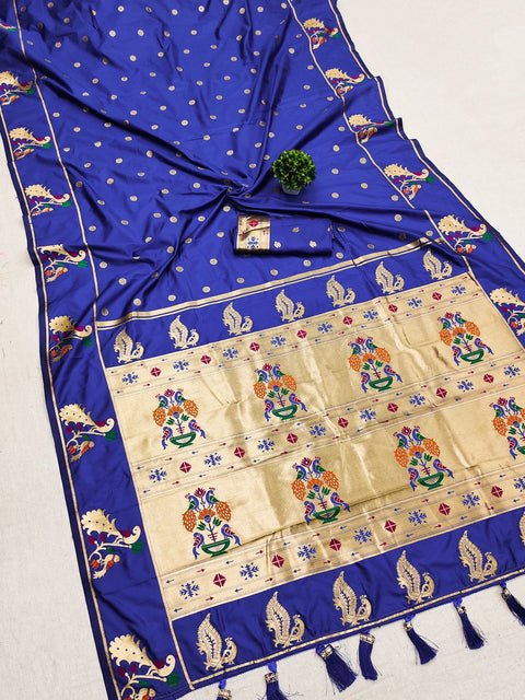 VastraLakshmi Profuse Royal Blue Paithani Silk Saree With Winsome Blouse Piece