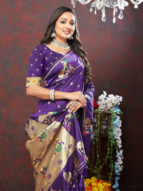 VastraLakshmi Charismatic Violet Paithani Silk Saree With Splendorous Blouse Piece