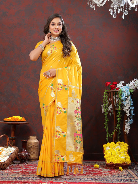 VastraLakshmi Elaborate Yellow Paithani Silk Saree With Inimitable Blouse Piece