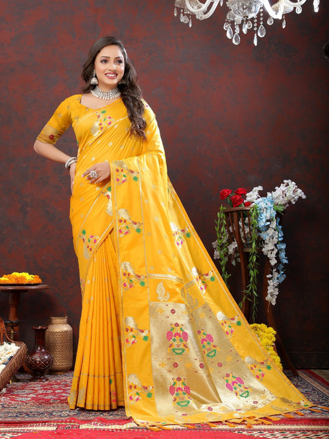 VastraLakshmi Elaborate Yellow Paithani Silk Saree With Inimitable Blouse Piece