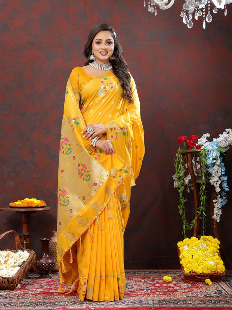 VastraLakshmi Elaborate Yellow Paithani Silk Saree With Inimitable Blouse Piece