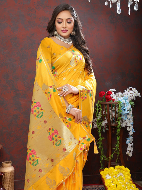 VastraLakshmi Elaborate Yellow Paithani Silk Saree With Inimitable Blouse Piece