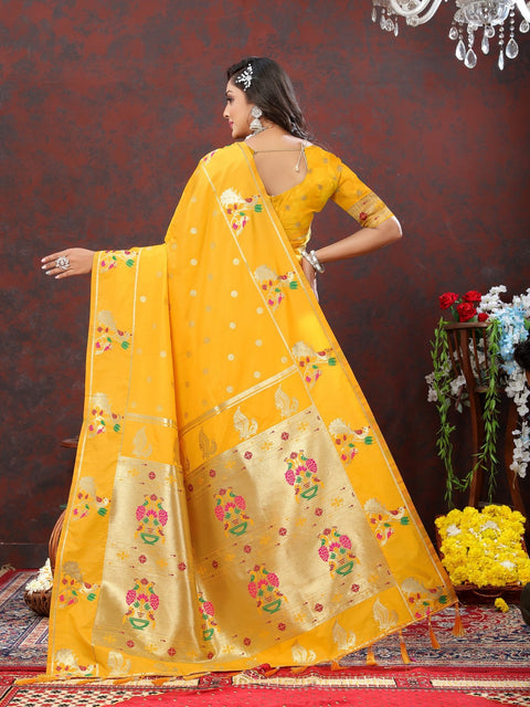 VastraLakshmi Elaborate Yellow Paithani Silk Saree With Inimitable Blouse Piece