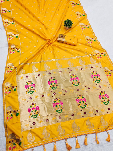 VastraLakshmi Elaborate Yellow Paithani Silk Saree With Inimitable Blouse Piece