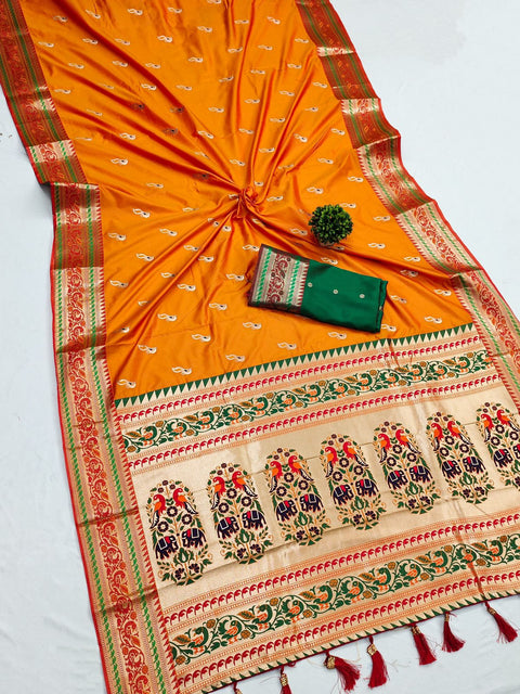 VastraLakshmi Ailurophile Orange Paithani Silk Saree With Embrocation Blouse Piece