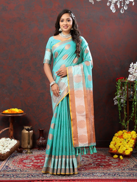 VastraLakshmi Vestigial Firozi Cotton Silk Saree With Improbable Blouse Piece