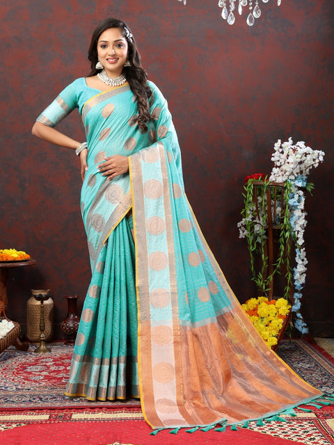 VastraLakshmi Vestigial Firozi Cotton Silk Saree With Improbable Blouse Piece