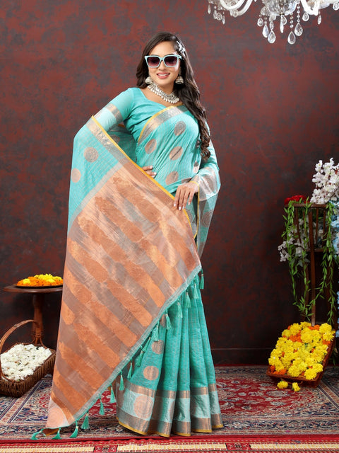 VastraLakshmi Vestigial Firozi Cotton Silk Saree With Improbable Blouse Piece