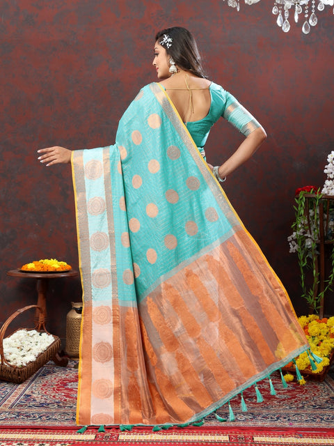 VastraLakshmi Vestigial Firozi Cotton Silk Saree With Improbable Blouse Piece