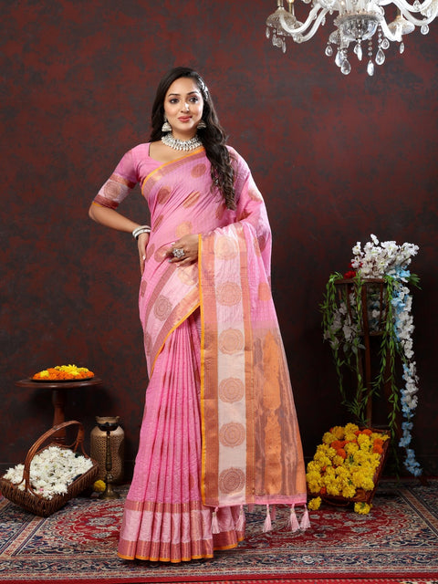 VastraLakshmi Symmetrical Pink Cotton Silk Saree With Jubilant Blouse Piece