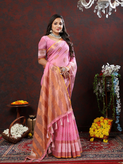 VastraLakshmi Symmetrical Pink Cotton Silk Saree With Jubilant Blouse Piece