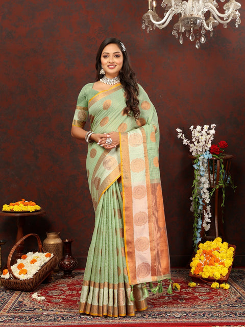 VastraLakshmi Prodigal Pista Cotton Silk Saree With Piquant Blouse Piece