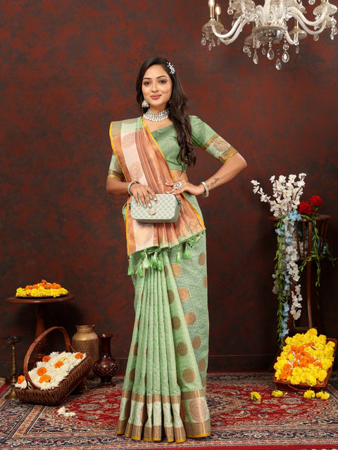 VastraLakshmi Prodigal Pista Cotton Silk Saree With Piquant Blouse Piece