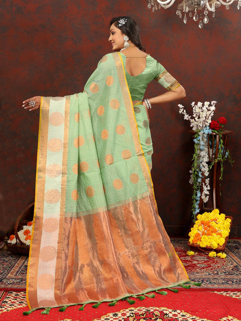 VastraLakshmi Prodigal Pista Cotton Silk Saree With Piquant Blouse Piece