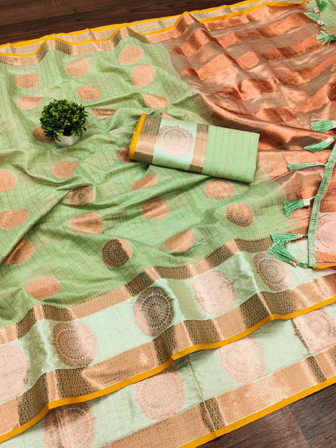 VastraLakshmi Prodigal Pista Cotton Silk Saree With Piquant Blouse Piece