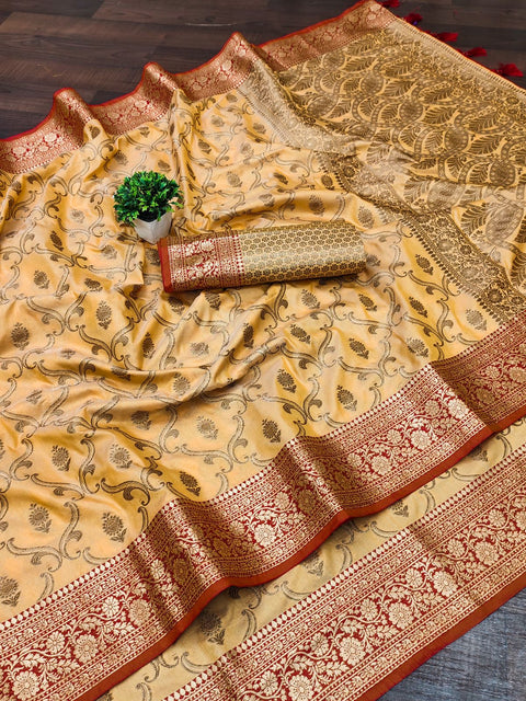 VastraLakshmi Charismatic Yellow Soft Banarasi Silk Saree With Ethereal Blouse Piece