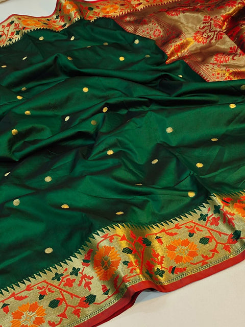 VastraLakshmi Redolent Dark Green Soft Banarasi Silk Saree With Artistic Blouse Piece