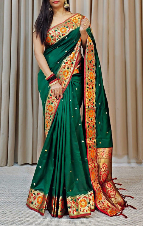 VastraLakshmi Redolent Dark Green Soft Banarasi Silk Saree With Artistic Blouse Piece