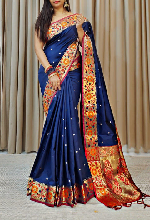 VastraLakshmi Vestigial Navy Blue Soft Banarasi Silk Saree With Elaborate Blouse Piece