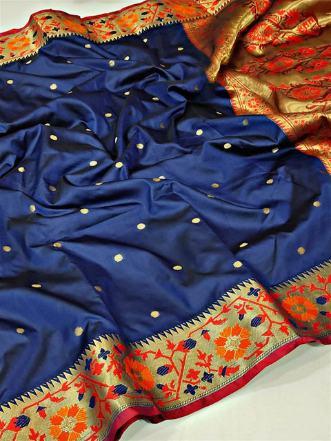 VastraLakshmi Vestigial Navy Blue Soft Banarasi Silk Saree With Elaborate Blouse Piece