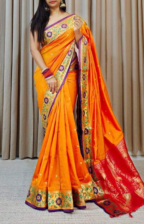 VastraLakshmi Fragrant Orange Soft Banarasi Silk Saree With Redolent Blouse Piece