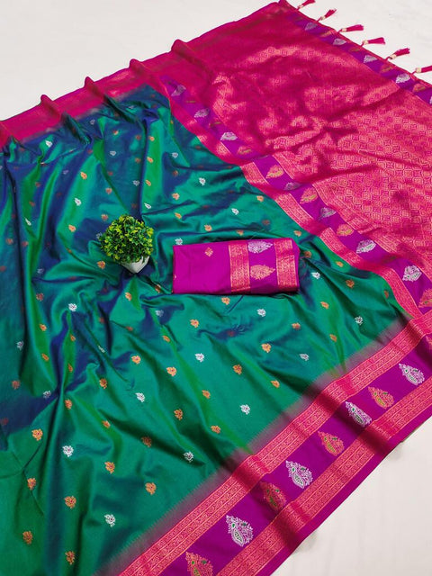 VastraLakshmi Desuetude Rama Soft Banarasi Silk Saree With Ephemeral Blouse Piece