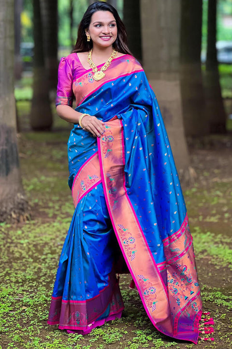 VastraLakshmi Marvellous Blue Paithani Silk Saree With Extraordinary Blouse Piece