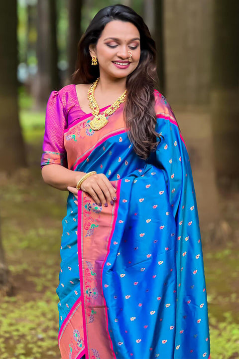 VastraLakshmi Marvellous Blue Paithani Silk Saree With Extraordinary Blouse Piece