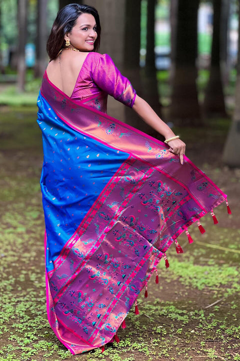 VastraLakshmi Marvellous Blue Paithani Silk Saree With Extraordinary Blouse Piece