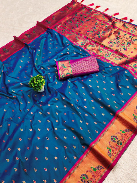 VastraLakshmi Marvellous Blue Paithani Silk Saree With Extraordinary Blouse Piece