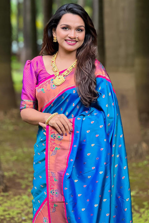 VastraLakshmi Marvellous Blue Paithani Silk Saree With Extraordinary Blouse Piece