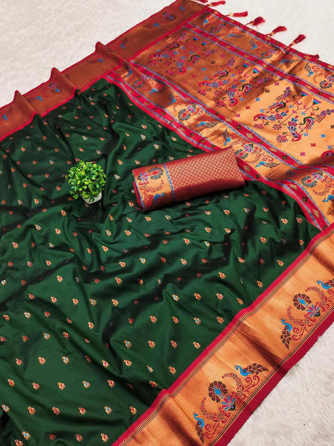 VastraLakshmi Gleaming Dark Green Paithani Silk Saree With Refreshing Blouse Piece