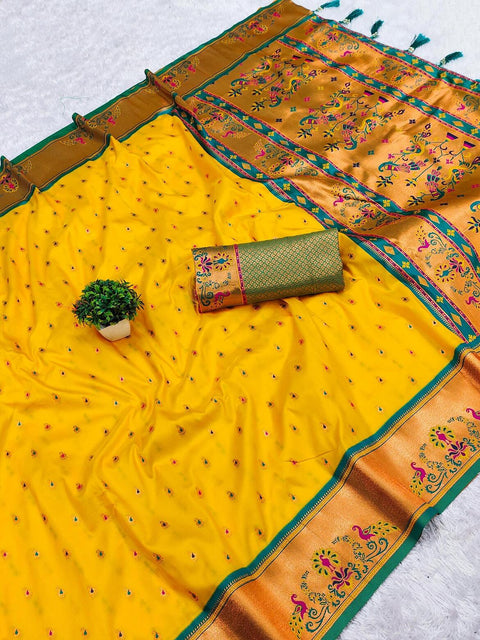 VastraLakshmi Demesne Yellow Paithani Silk Saree With Lassitude Blouse Piece