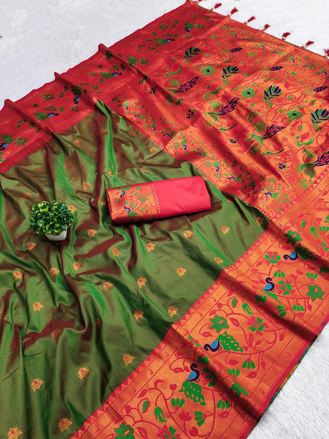 VastraLakshmi Delightful Mehndi Paithani Silk Saree With Twirling Blouse Piece