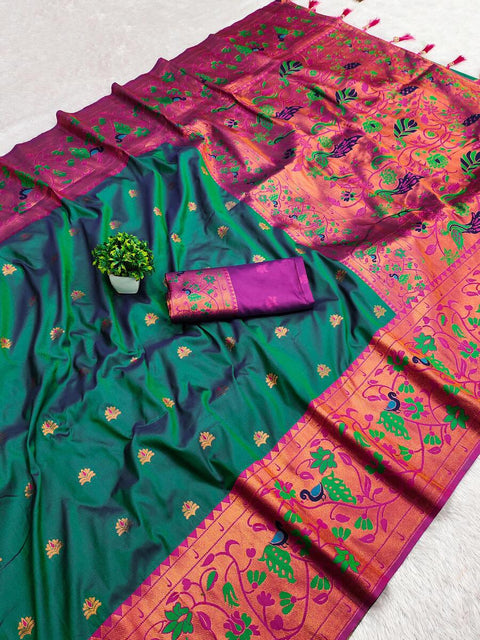 VastraLakshmi Engaging Rama Paithani Silk Saree With Confounding Blouse Piece