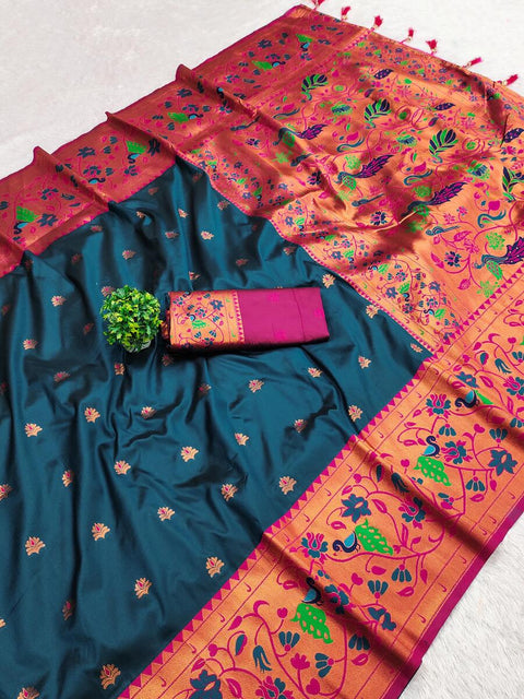 VastraLakshmi Symmetrical Teal Blue Paithani Silk Saree With Enigmatic Blouse Piece