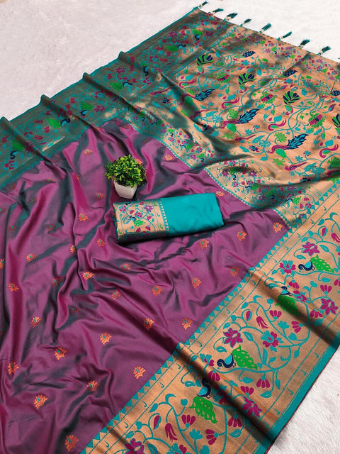 VastraLakshmi Scintillating Wine Paithani Silk Saree With Opulent Blouse Piece